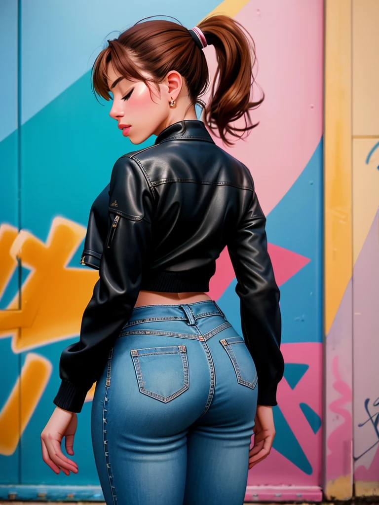 Realistic photo of a beautiful ch14r4b woman,1girl, solo, brown hair, long sleeves, jewelry, closed eyes, ponytail, ass, earrings, pants, from behind, lips, ring, denim, jeans, realistic, graffiti, soft lighting, professional Photography, Photorealistic, detailed, RAW, analog, sharp focus, 8k, HD, DSLR, high quality, Fujifilm XT3, film grain, award winning, masterpiece<lora:ch14r4b:1.0>