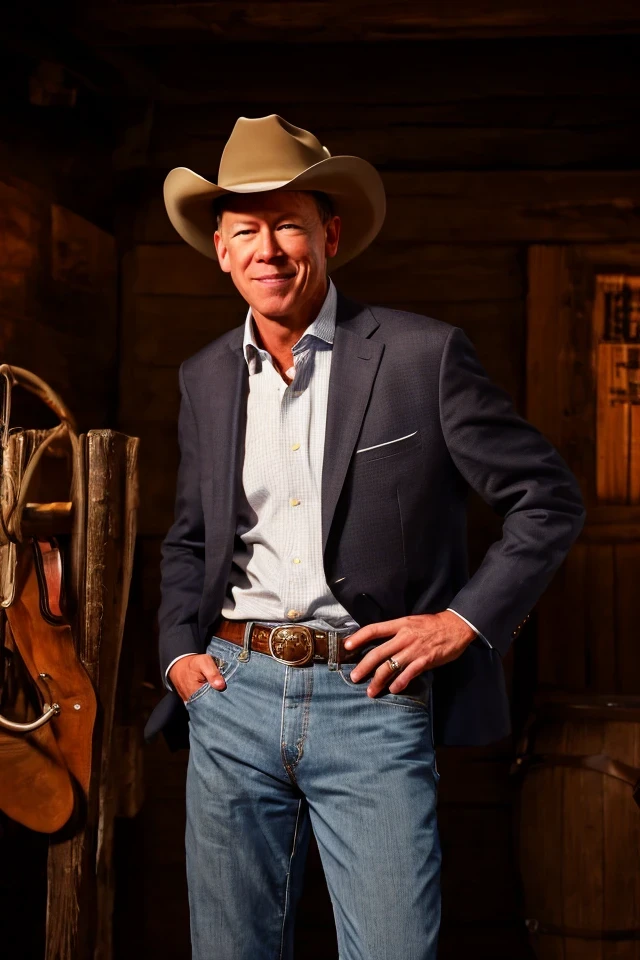 john hickenlooper <lora:senate_012_john_hickenlooper:0.65> , face closeup, face focus, shirt, formal, suit, collared shirt, white shirt, jacket,
Dressed in cowboy attire with a ten-gallon hat and cowboy boots, standing in front of a Western saloon, lasso or branding iron,
best quality, masterpiece, HDR, professional, studio quality, highres,