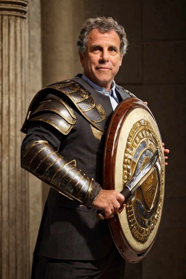 sherrod brown <lora:senate_069_sherrod_brown:0.65> , face closeup, face focus, shirt, formal, suit, collared shirt, white shirt, jacket,
Wearing gladiator armor, standing in a Roman-style coliseum, holding a sword and shield with the Senate emblem on it,
best quality, masterpiece, HDR, professional, studio quality, highres,