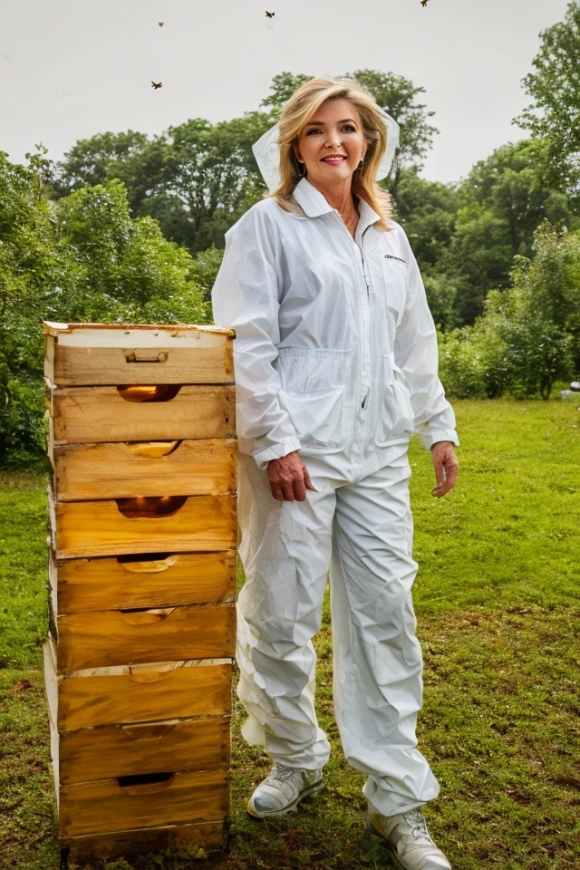 marsha blackburn <lora:senate_083_marsha_blackburn:0.65> , face closeup, face focus, shirt, formal, suit, collared shirt, white shirt, jacket,
Wearing a beekeeper suit, standing in an apiary with bee hives around, holding a giant honeycomb, "Honey Pot Funds",
best quality, masterpiece, HDR, professional, studio quality, highres,