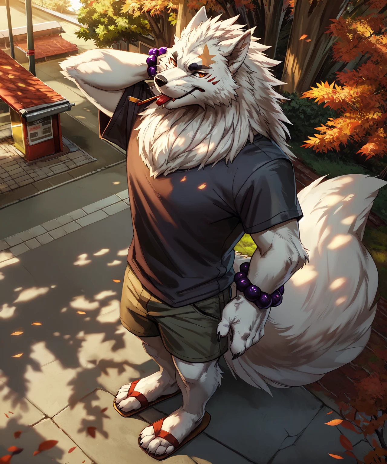 this photograph depicts a male gintar0 standing at a bus stop, solo, gintar0, canid, hands behind head, detailed eyes,4 fingers, high-angle view, sandals, sharp amber eyes, anthro, fluffy fur,(large fluffy tail:1.2), white fur,shorts, t shirt, slim male, white body,bead bracelet, purple bead bracelets, looking up, looking at viewer, fangs, canine teeth, annoyed, blep, tongue,pocky,pocky in mouth, feet,paws, claws, anatomically correct,  4k,hi res,detailed, insanely detailed, depth of field, foreshortening, outdoors, tree, leaves, (cinematic lighting, wide dynamic range, hdr), by lion21, by sky gomi, by negy, by lynncore, by imperatorcaesar,by kammi-lu, by falcrus, by patto, by zackary911, <lora:gintar0_YM:0.8>