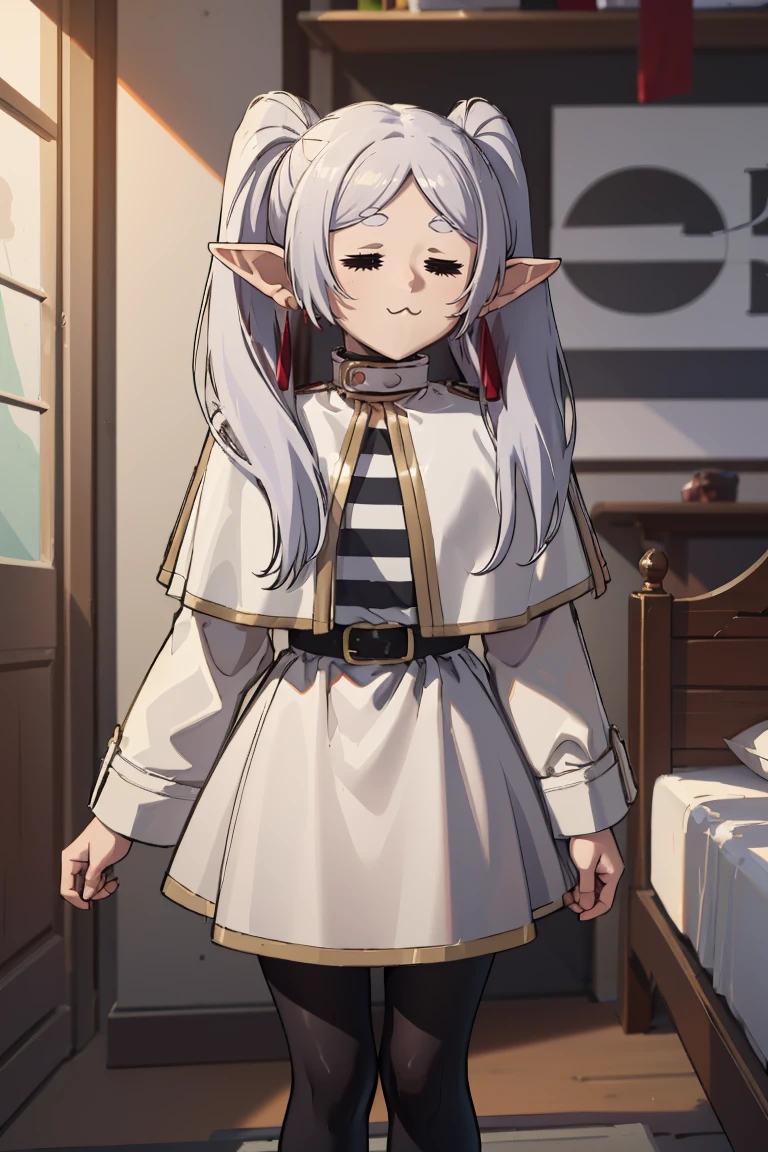 masterpiece, best quality, absurdres, 1girl, solo, =w=, :3, = =, closed eyes, FrierenBase, long hair, twintails, earrings, white capelet, striped shirt, horizontal stripes, long sleeves, belt, white skirt, gold-trim, black pantyhoses, <lora:ElfExpression:1>, <lora:FrierenV2:1.0>