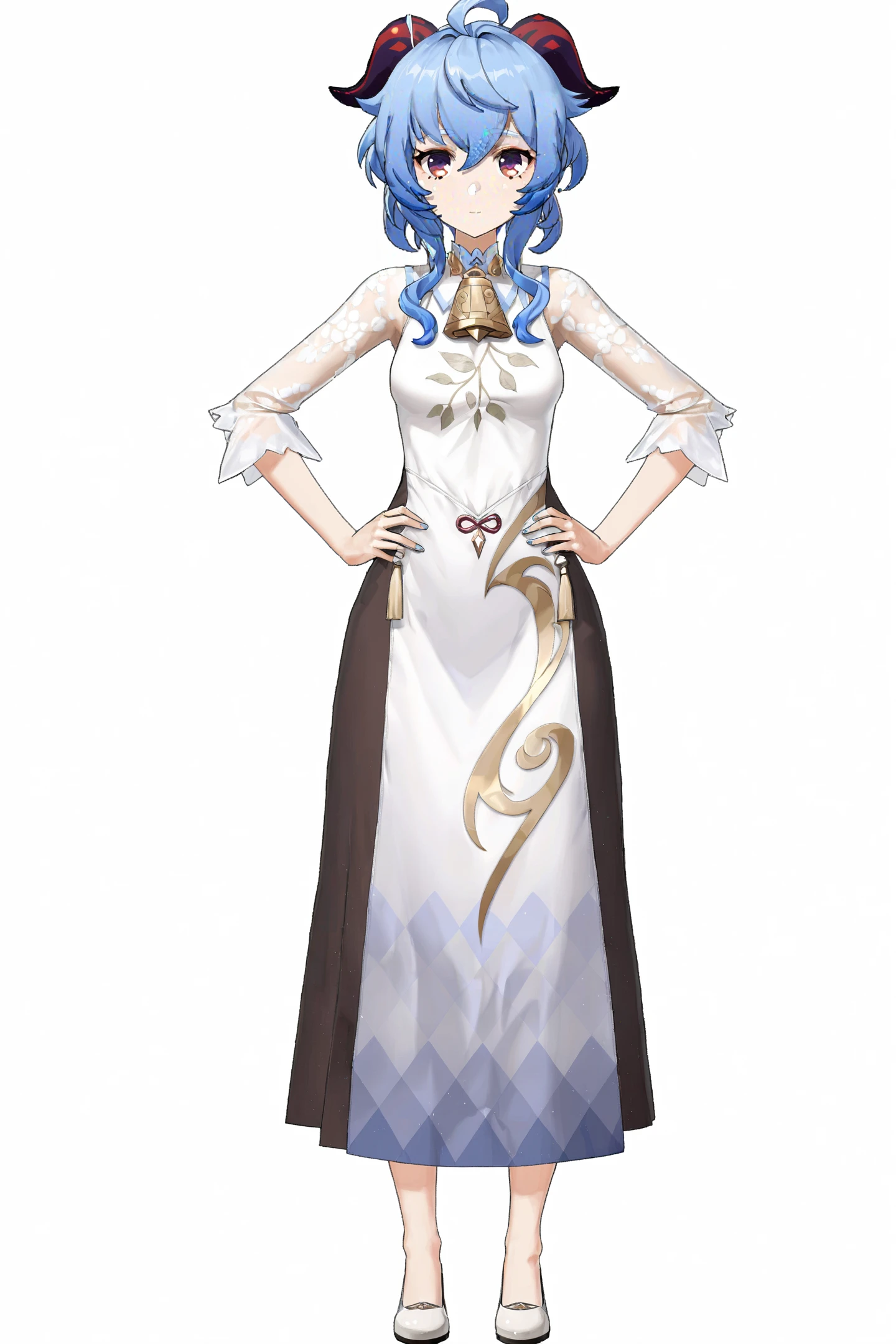 score_9, score_8_up, score_7_up, score_6_up,
8k, best quality, masterpiece, (ultra-detailed:1.1), (high detailed skin),
(full body:1.4), white background, standing, looking at viewer, (solo:1.4), hand on hip,
<lora:ganshenxian-A3-Tanger-000013:0.8>, ganyu \(genshin impact\), Ganyu's casual clothes, 1girl, horns, ahoge, sidelocks, bangs, blue hair, looking at viewer, purple eyes,
(white background, simple background:1.3),
(beautiful_face), ((intricate_detail)), clear face,
((finely_detailed)), fine_fabric_emphasis,
((glossy)), full_shot,