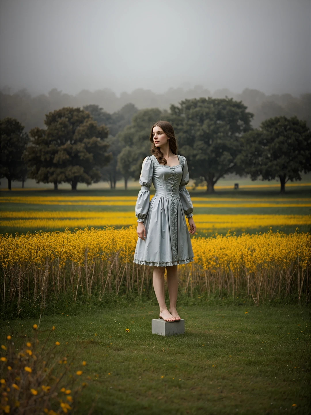 incredibly breathtaking photo characterized by exceptional realism and artistic appeal, (full body, low-key, sharp focus on subject:1.1), (sophisticated elegant fragile Victorian era 21yo woman:1.35) with (natural pale skin pigment:1.1), silver armor BREAK [:( levitating concrete cube is hiding in fog over horizon, huge size difference:1.125):0.25] in background bokeh, Leonardo da Vinci style landscape. Ocher tones, wild flowers, wild garden. Rembrandt lighting, immersive and captivating scene, awarded breathtaking masterpiece, (perfect feminine anatomy, perfect proportions:1.125), dutch angle BREAK epiCPhoto, <lora:Yebenya_SD1.5:0.05> <lora:Macro_Trash_SD15-000031:0.2> <lora:Doomers_Joy_triggers-000040:0.15> doomersjoy, doomers_sky, doomers_pipes, doomers_smoke, (strong gloom:1.225), Sweeping cinematic still, crisp details, f2.8 85mm, flawlessly photographed, analog photo, high quality, physics simulation, (artstation, 8k:0.6), (red-gold-black:0.7), (shallow depth of field swirly bokeh:0.9)