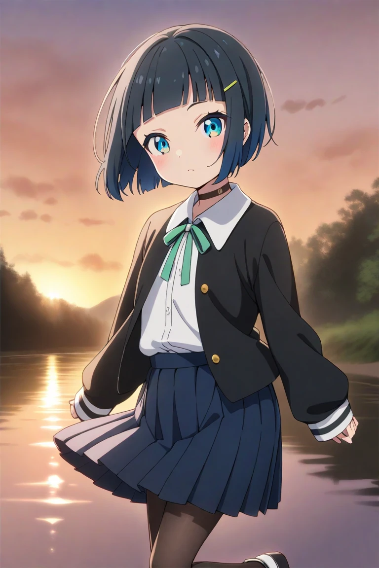 shinonome akira,1girl, solo, blue eyes, sleeves past wrists, skirt, shirt, jacket, blue skirt, closed mouth, choker, looking at viewer, white shirt, hair ornament, open clothes, black jacket, bangs, short hair, hairclip, ribbon, long sleeves, pleated skirt, open jacket, neck ribbon, green ribbon, collared shirt, black hair, blunt bangs, blue hair,shoes, pantyhose,outdoors,river, sunset,
<lora:shinonome akira A31 e1:0.75>