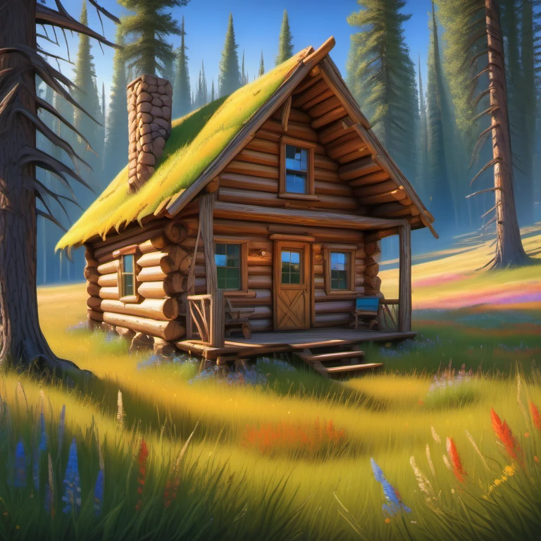 A sod-roofed cabin, its earthy exterior covered in grasses and wildflowers, camouflaged within a meadow., log_cabin, exterior, <lora:Wolvie_LogCabin_SDXL_v1.0e10:1>, colorful, saturated, textured, luminism, ultra highly detailed, 32k, fantastic realism, complex background, dynamic lighting, highly detailed, intricate, painting