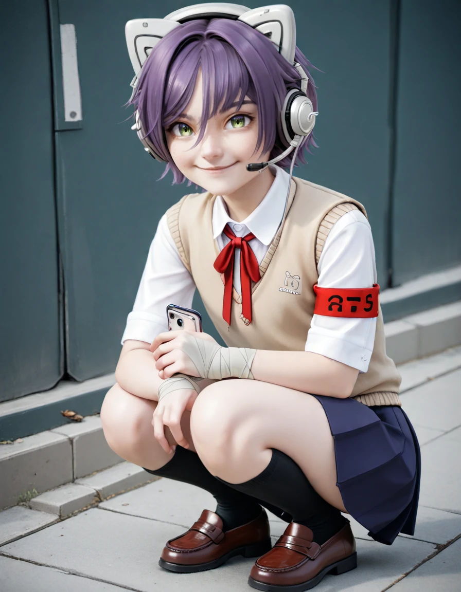 score_9, score_8_up, score_7_up, score_6_up, raw photo,, source_realistic, textured skin, skin pores,<lora:jeanfaymas-pxl:1>, jeanfaymas, 1girl, purple hair, solo, animal ears, skirt, green eyes, short hair, ribbon, bandages, headphones, shirt, red ribbon, neck ribbon, smile, squatting, looking at viewer, holding, closed mouth, school uniform, vest, pleated skirt, white shirt, armband, shoes, socks, kneehighs, cat ear headphones, black socks, sweater vest, full body, digital media player, loafers, keychain, short sleeves, cellphone charm, charm \(object\), phone, blue skirt, interface headset