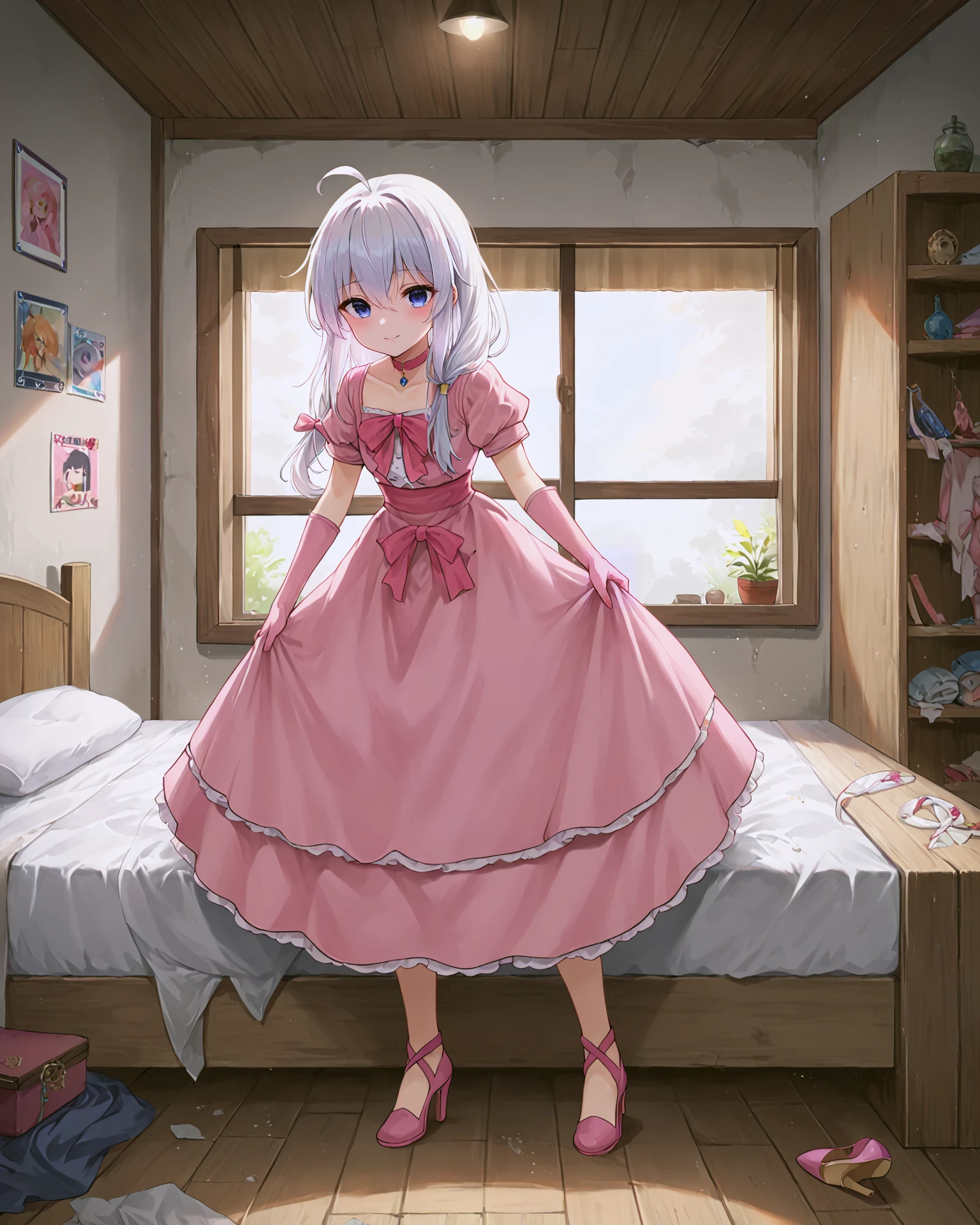 <lora:Majo_Elaina_XL:0.8> elaina, blue eyes, white hair, hair between eyes, long hair, bangs, ahoge, braid, single braid, hair bow, pink bow, jewelry, choker, pink choker, bow, ribbon, pink ribbon, gloves, pink gloves, elbow gloves, cutout, dress, pink dress, long dress, short sleeves, puffy short sleeves, high heels, pink footwear,, <lora:9_Detail_Tweaker_XL:0.8>, score_9, score_8_up, score_7_up, source_anime, masterpiece, best quality, highly detailed background, cinematic lighting, detailed eyes, perfect face,, lazy, teenager room, messy, bedroom, bed sheet, closet,