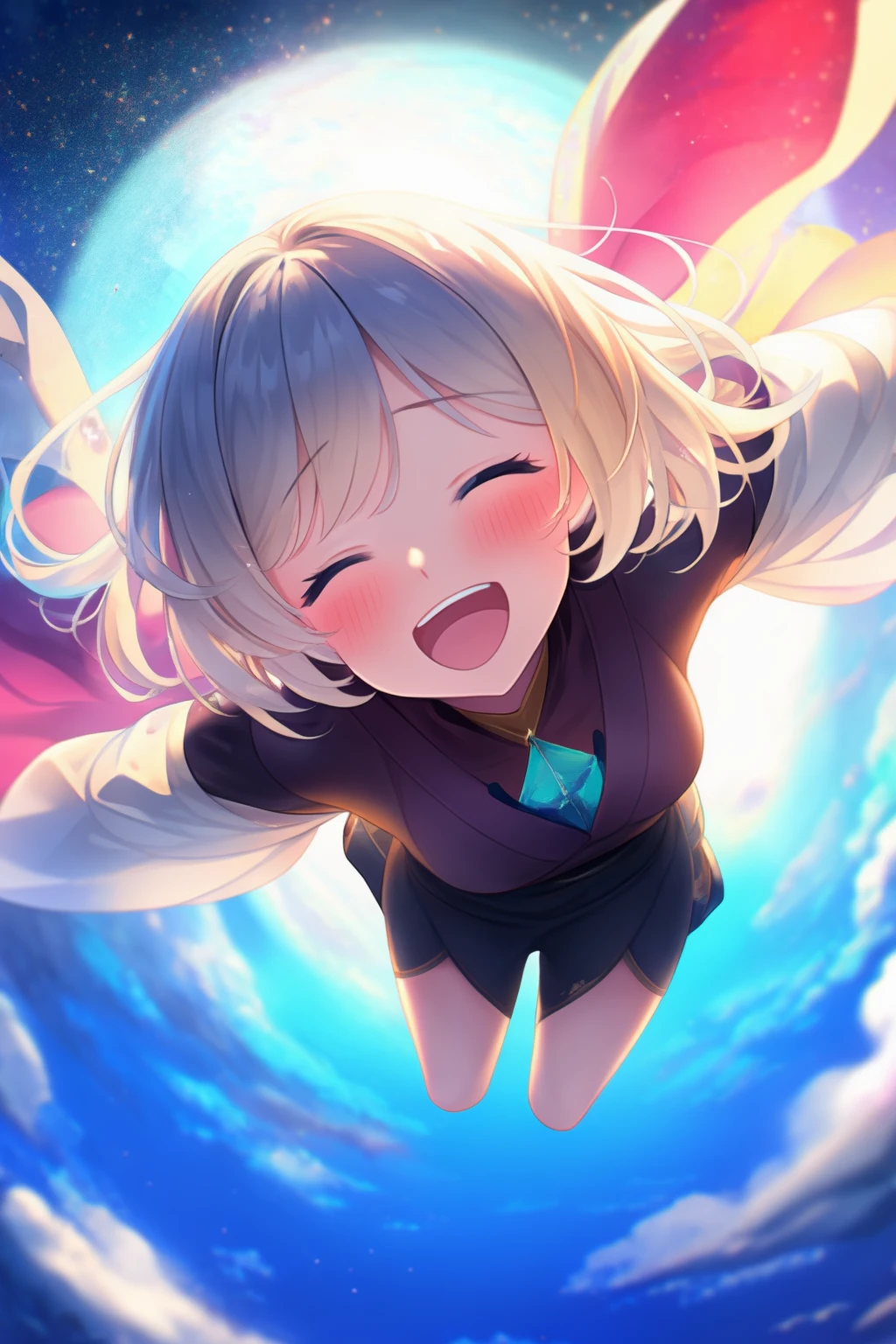 extremely aesthetic, best quality, newest, 1girl, solo, looking at viewer, blush, closed eyes, open mouth, excited, flying, light smile,