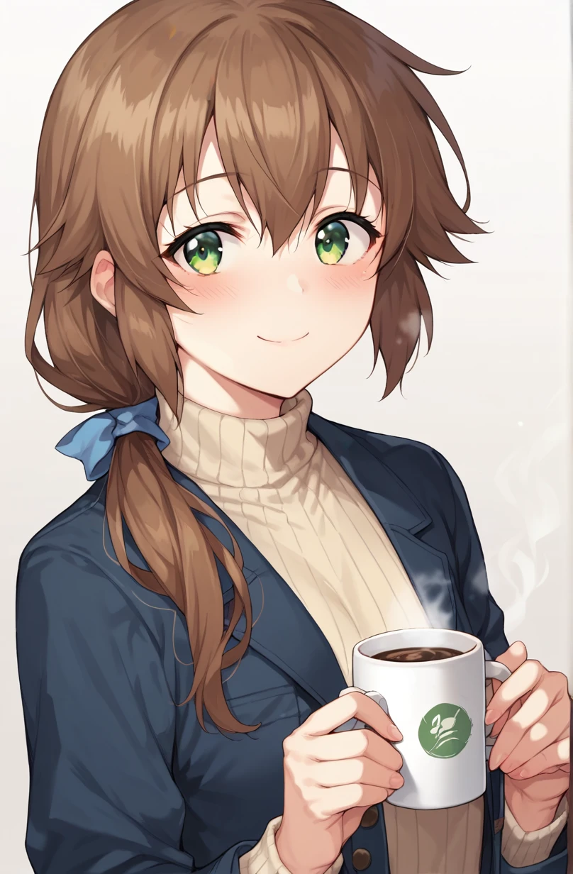 score_9, score_8_up, score_7_up, 1girl, solo, towa herschel, brown hair, low ponytail, hair ribbon, green eyes, flat chest, small, smile, blush, looking at viewer, coffee, beige sweater, blue coat, white background