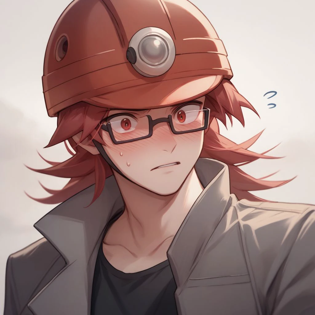 score_9,score_8_up,score_7_up,score_6_up,score_5_up,score_4_up, solo, 1boy, red hair, red eyes, medium hair, glasses, grey jacket, black shirt, sleeveless, grey pants, white gloves, red headwear, helmet, blush, embarassed, upper body, parted lips