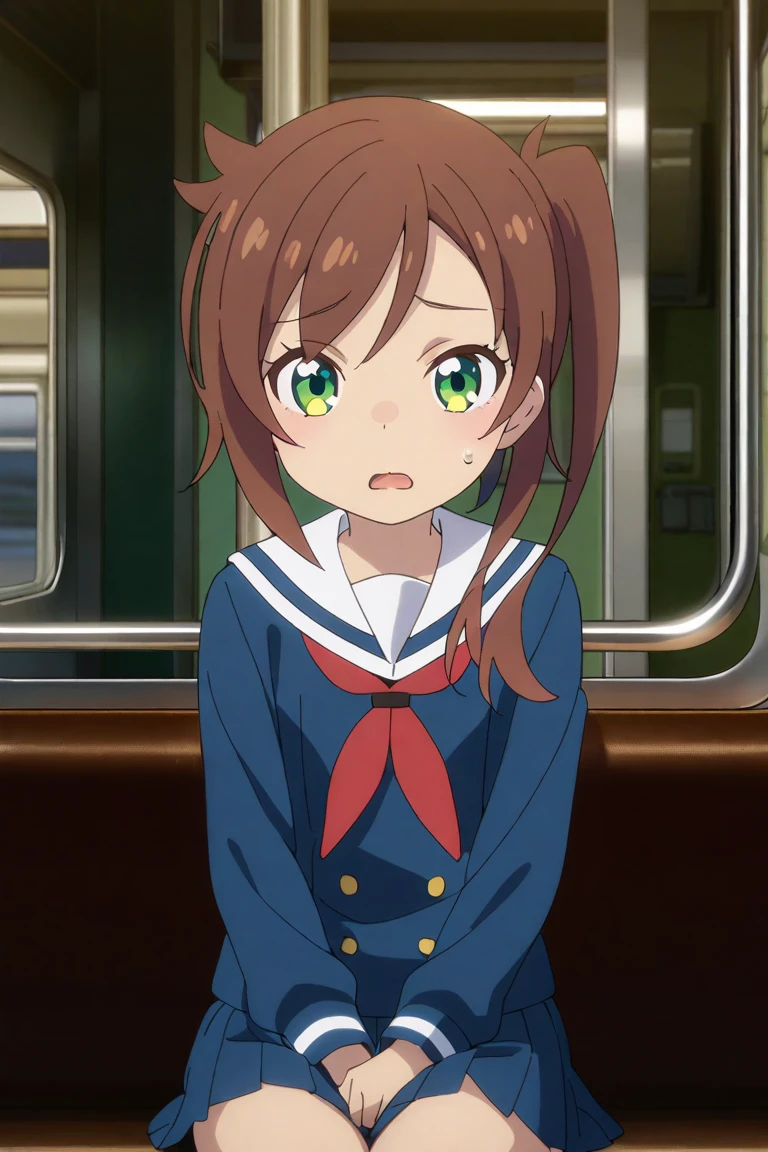 chikura shizuru,1girl, green eyes, solo, brown hair, looking at viewer,pleated skirt,sitting, open mouth, school uniform, sweatdrop, sailor collar, serafuku, twintails, shirt, bangs, train interior,
 <lora:chikura shizuru A31 e1:0.85>