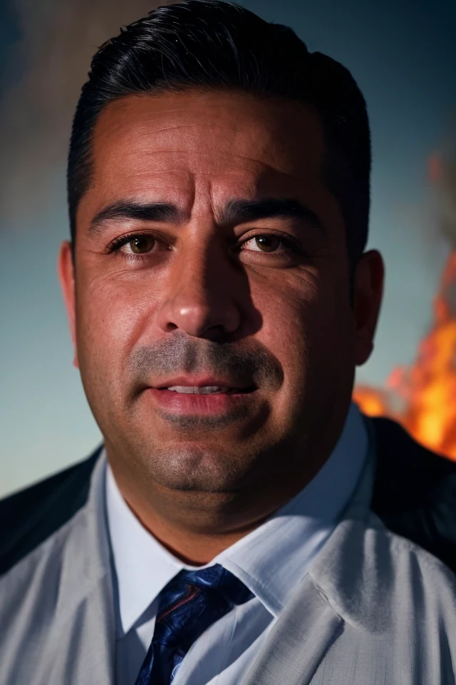 ben ray lujan <lora:senate_062_ben_ray_lujan:0.65> , face closeup, face focus, shirt, formal, suit, collared shirt, white shirt, jacket,
explossion in the background, fire and smoke, movie poster,
best quality, masterpiece, HDR, professional, studio quality, highres,