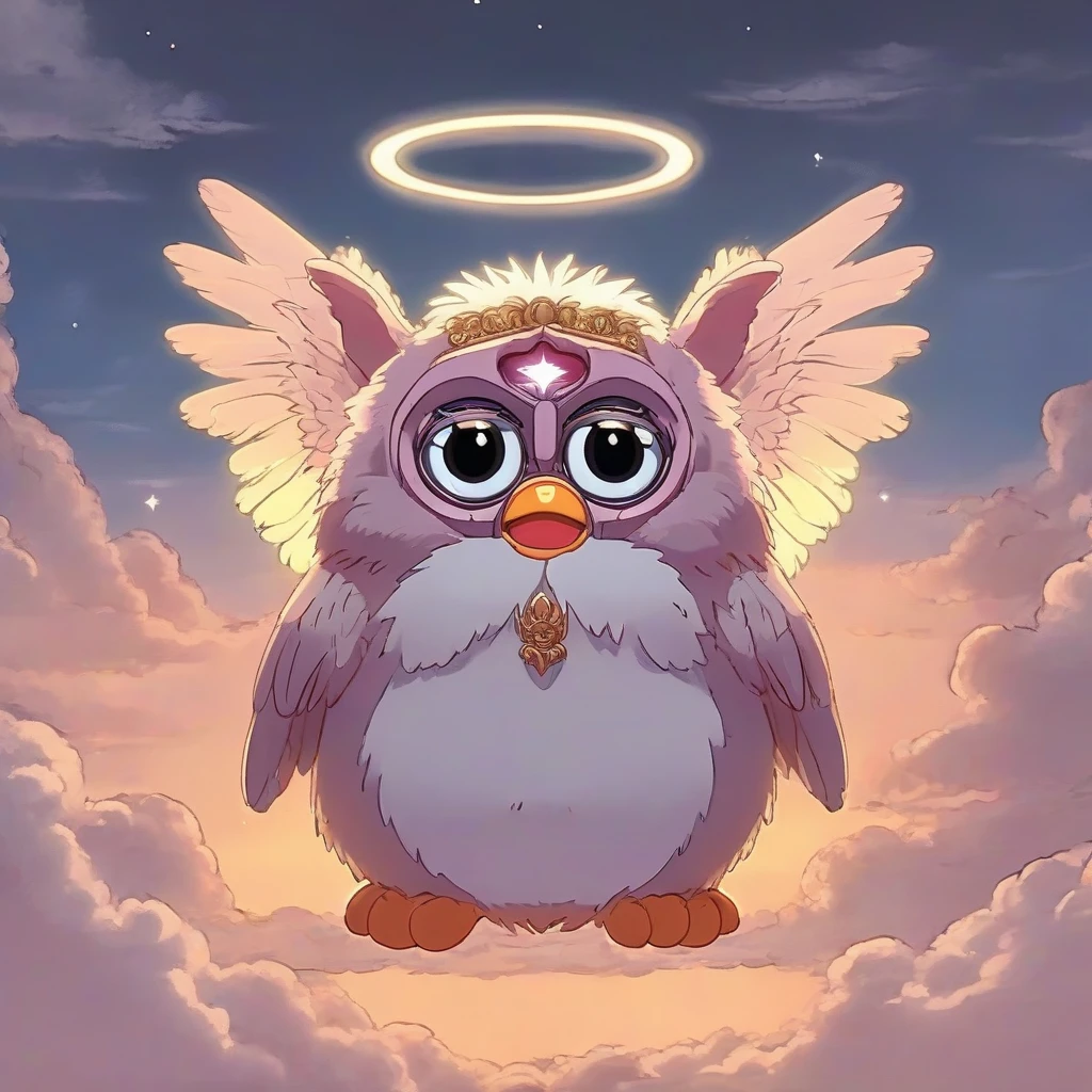 a furby toy in Hayao Miyazaki style as a furby god in heaven with a halo and wings, anime style, very fat, cute,   good contrast, concept art,  high detail, ((((anime by Hayao Miyazaki))))<lora:A Furby Toy-000009:.5>