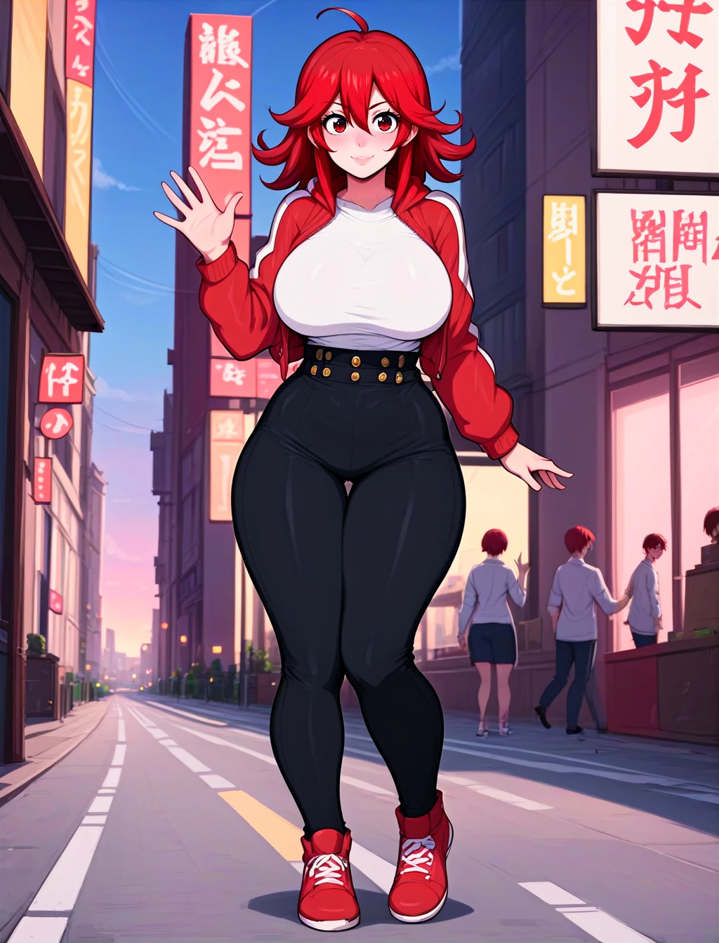 score_9,score_8_up,score_7_up, 1girl, red hair, full body, city backround, waving, large breasts <lora:HyperHentaiPony:1>