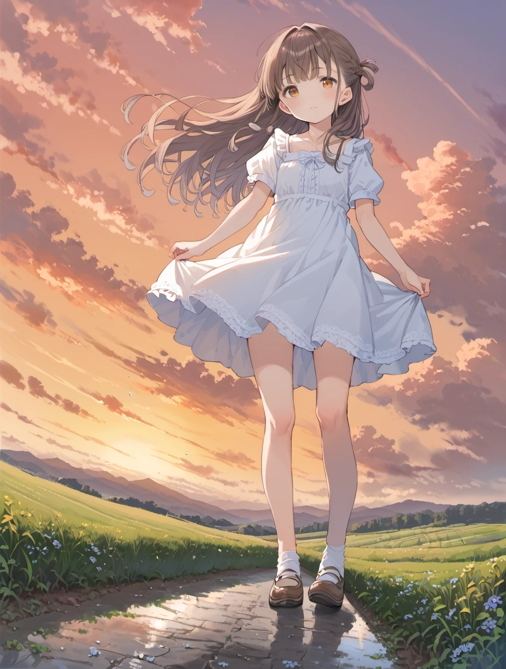 score_9, score_8_up, score_7_up,source_anime,BREAK uncensored,1girl,small breasts,flat chest,long hair,brown hair,dress,solo,looking at viewer,dutch angle,from below,bokeh,cityscape,dusk, gradient sky,horizon,(mountainous horizon:1.1),orange sky, sunlight, sunrise, sunset,Sunset reflected in a puddle,(in the country road:1.2), after rain,Along the roadside, numerous hydrangea flowers are in full bloom,Hair and clothes flutter in the wind