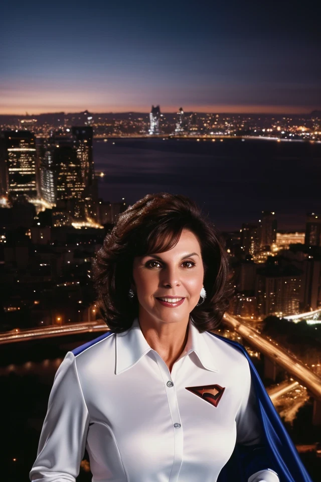 jacky rosen <lora:senate_056_jacky_rosen:0.65> , face closeup, face focus, shirt, formal, suit, collared shirt, white shirt, jacket,
Wearing a superhero costume with a giant "S" on the chest, flying above a city skyline with a cape flowing behind them,
best quality, masterpiece, HDR, professional, studio quality, highres,