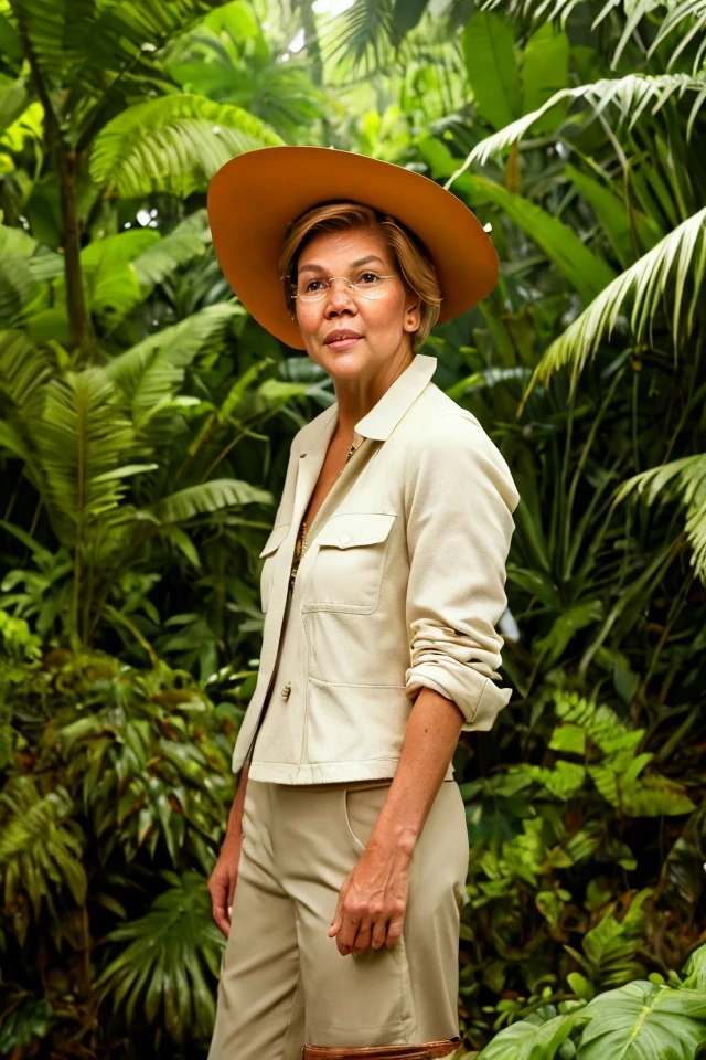 elizabeth warren <lora:senate_041_elizabeth_warren:0.65> face closeup, face focus, shirt, formal, suit, collared shirt, white shirt, jacket,
Wearing a safari outfit with pith helmet, standing in a jungle setting,
best quality, masterpiece, HDR, professional, studio quality, highres,