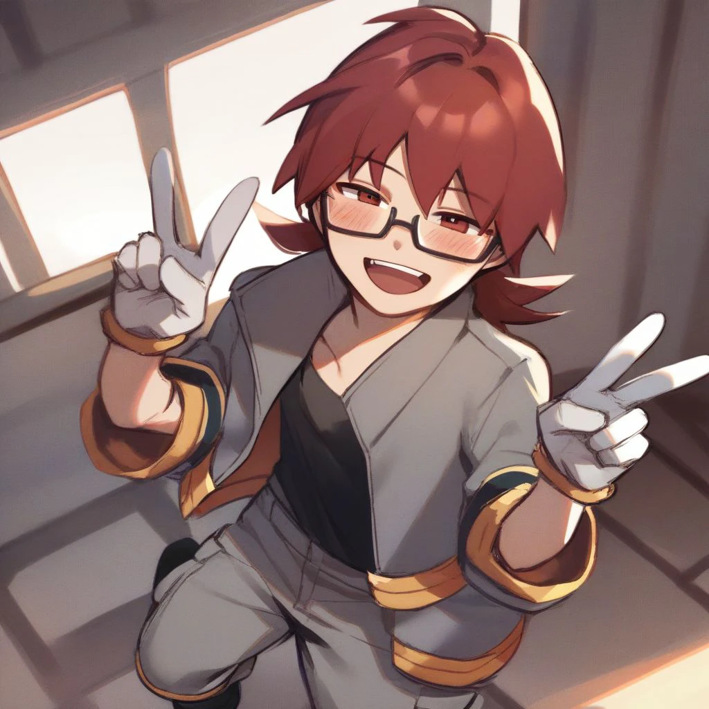 score_9,score_8_up,score_7_up,score_6_up,score_5_up,score_4_up, 1boy, red hair, red eyes, medium hair, glasses, grey jacket, black shirt, sleeveless, grey pants, white gloves, black footwear, boots, v ,double v, smile, open mouth, blush, half-closed eyes, indoors