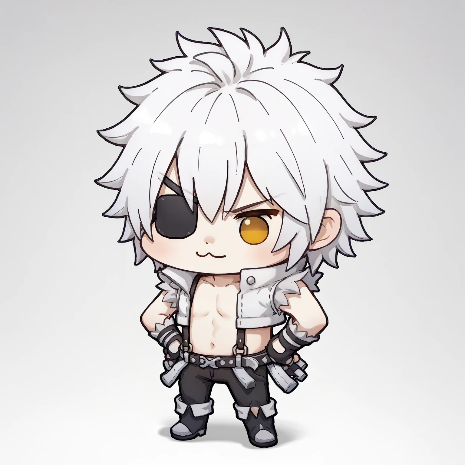 score_9, score_8_up, score_7_up, source_anime, 1boyl,  solo, whitesmith-ro, open clothes, fur trimmed shirt, belt, suspenders, sleeveless,  white hair, yellow eyes, eye patch  <lora:whitesmith-pdxl-dora:1>, doro, creature, chibi, :3, no humans, four legs, solid circle eyes, no pupils, white skin, <lora:Doro_X_PDXL_V1:1>, hands on hips, black pants, boots, gloves