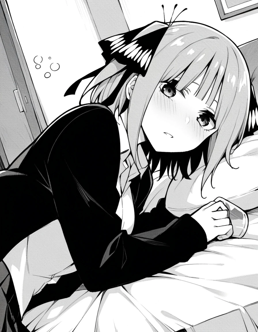 score_9, score_8_up, score_7_up, source_anime,
ninonakano, nsfw
nino nakano, short hair, bangs, hair ornament, hair ribbon, blunt bangs, two side up, butterfly hair ornament, monochrome, greyscale,
skirt, shirt, long sleeves, white shirt, pleated skirt, open clothes, collared shirt, sleeves past wrists, dress shirt, cardigan, open cardigan, black cardigan,
indoors, bed, bed room, on side, blush, drunk,
looking at viewer, cowboy shot, dutch angle, solo, mature female,