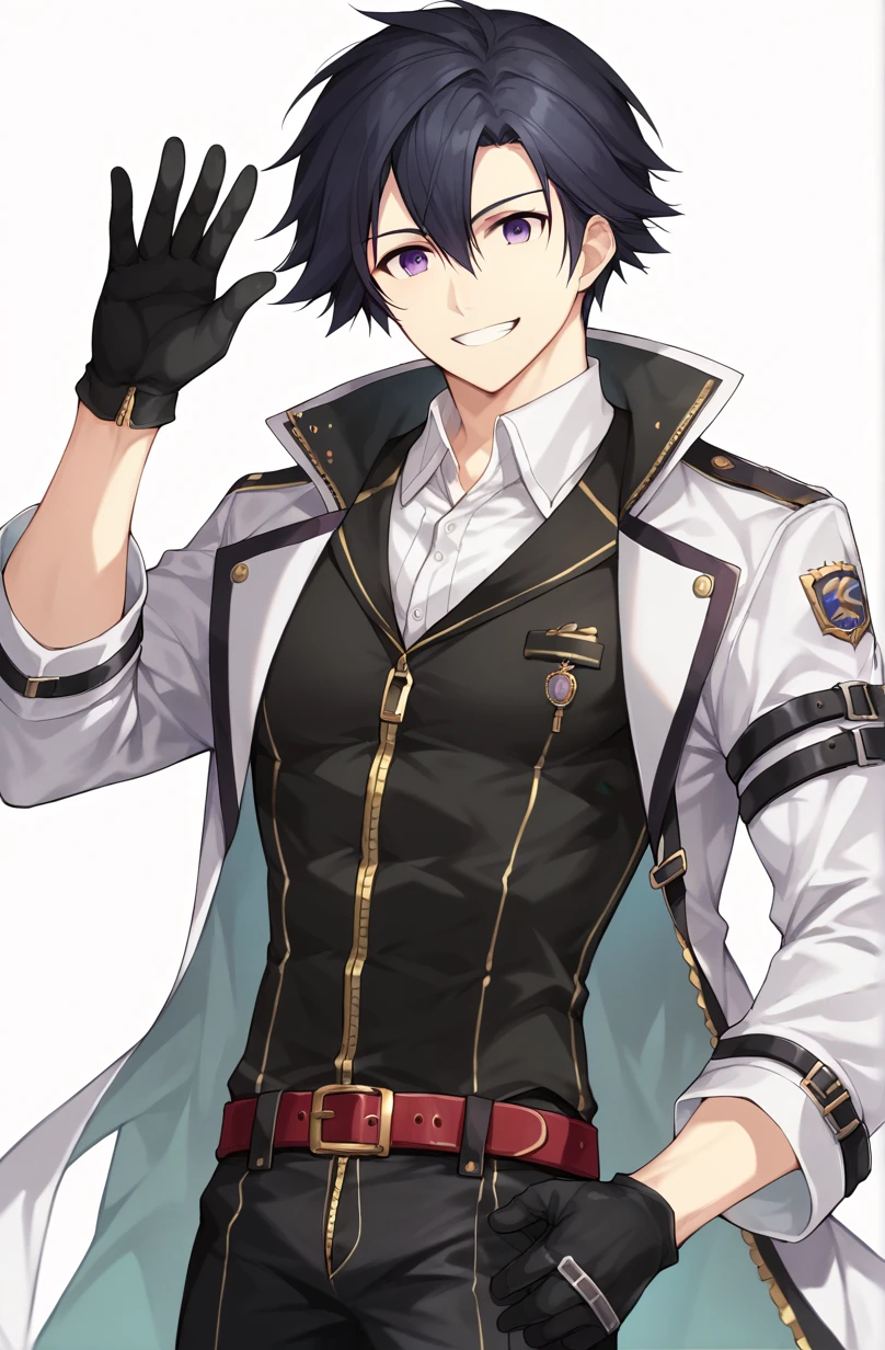 score_9, score_8_up, score_7_up, 1boy. solo, rean schwarzer, black hair, purple eyes, white coat, black vest, zipper vest, white shirt, red belt, dark pants, black gloves, smile, waving one hand, looking at viewer, white background