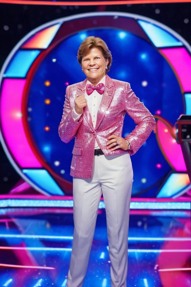 jeanne shaheen <lora:senate_057_jeanne_shaheen:0.65> , face closeup, face focus, shirt, formal, suit, collared shirt, white shirt, jacket,
Dressed in a flashy game show host outfit with a bow tie and sparkly jacket, standing on a game show set, spinning a large prize wheel,
best quality, masterpiece, HDR, professional, studio quality, highres,