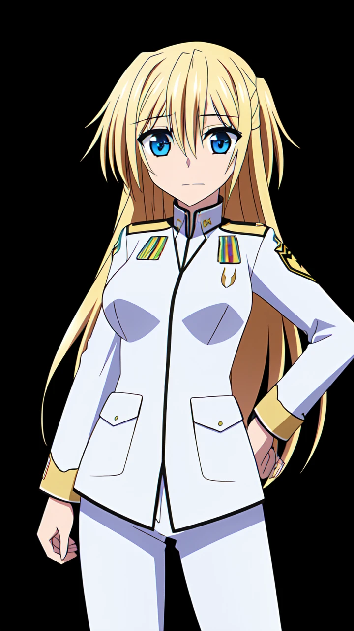 masterpiece, best quality,
 <lora:heronever_astel.sd15.v1:1> astel,1girl,solo, blond hair, long hair, blue eyes
military uniform white uniform pants
standing,
(simple background, black background),