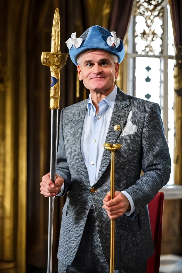 bill cassidy <lora:senate_035_bill_cassidy:0.65> , face closeup, face focus, shirt, formal, suit, collared shirt, white shirt, jacket,
Clad in a medieval jester outfit with bells on the hat, standing in a castle's throne room, holding a scepter with a funny face on top,
best quality, masterpiece, HDR, professional, studio quality, highres,