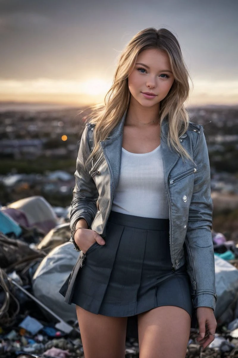 photo of S392_MiaJenkins,a stylish woman,in a (landfill:1.1),wearing a (jacket:1.1),(skirt),(4k, RAW photo, best quality, 50mm, depth of field, ultra high res:1.1),(intricate, photorealistic, cinematic-shot, masterpiece, ultra-detailed:1.1),