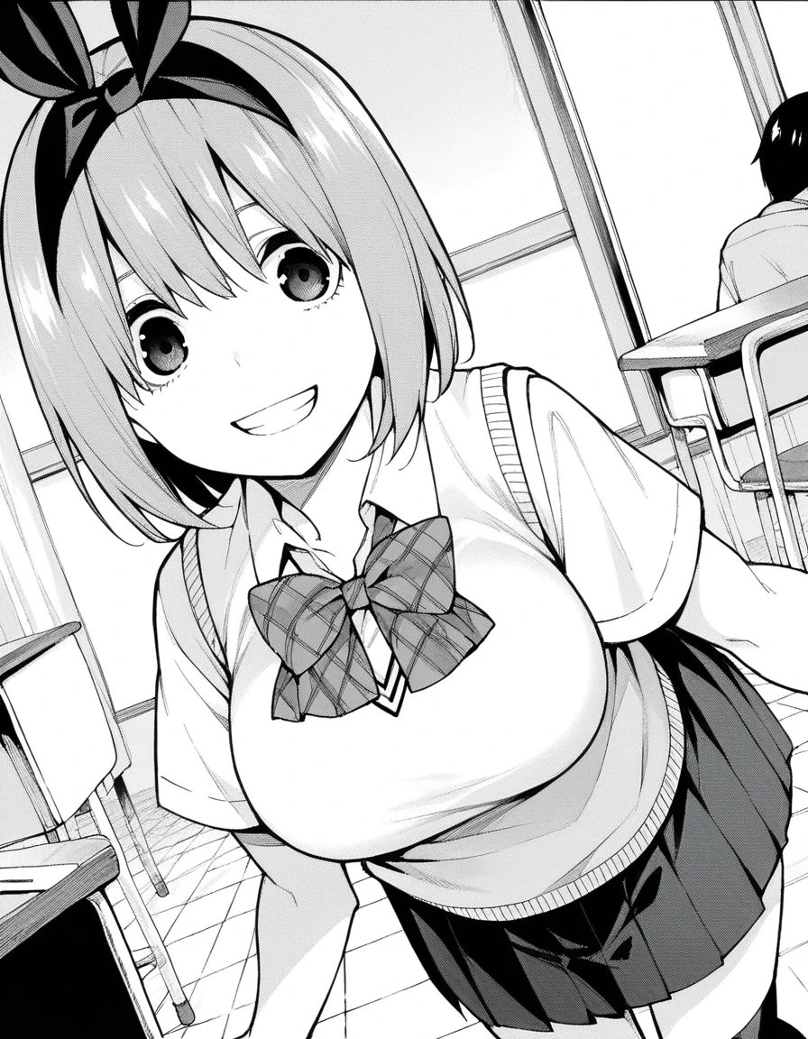 score_9, score_8_up, score_7_up, source_anime,
yotsubanakano, <lora:yotsuba-nakano-manga-ponyxl-lora-nochekaiser:1>,
yotsuba nakano, bangs, short hair, hair between eyes, hair ribbon, hairband, mature female, monochrome, greyscale,
skirt, shirt, bow, ribbon, school uniform, white shirt, short sleeves, pleated skirt, collared shirt, miniskirt, bowtie, kneehighs, sweater vest,
indoors, classroom, bent over, smile, grin,
looking at viewer, cowboy shot, dutch angle, solo,