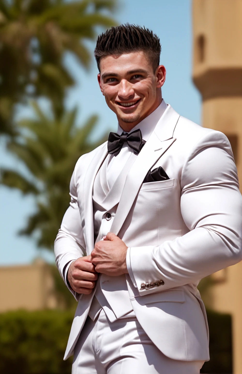 (face focus). <lora:BulkedUpAIR1.5:0.1>, (masculine:1.4), at outdoor sunny wedding, ((muscular man wearing designer formal suit)), sexy pose:1.0, confident, handsome, (((masterpiece))), (((best quality))), (hands on waist), male, athletic, looking at viewer, big pecs:1.2, DougPerryDarinLannaghanV2,  <lora:copn2nte878c73964bc0:1>
