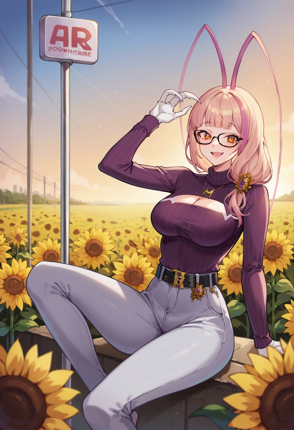 score_9, score_8_up, score_7_up, uncensored, source_anime, 1girl,  <lora:spmatarakanXLPony2:1> matarakanswt, arthropod girl, necklace, ribbed sweater, purple sweater, cleavage, cleavage cutout, grey pants, black belt, glasses, field, flower, flower field, outdoors, power lines, sky, sunflower, sunflower field, sunset, utility pole, yellow flower