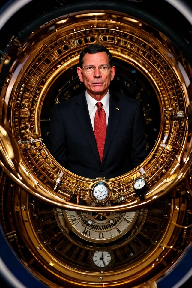 john barrasso <lora:senate_099_john_barrasso:0.65> , face closeup, face focus, shirt, formal, suit, collared shirt, white shirt, jacket,
Dressed in a steampunk outfit,large clock or time machine device, set against a backdrop of a swirling vortex,
best quality, masterpiece, HDR, professional, studio quality, highres,