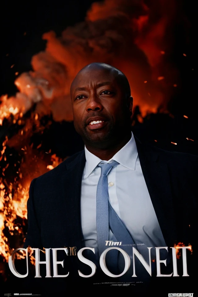tim scott <lora:senate_080_tim_scott:0.65> , face closeup, face focus, shirt, formal, suit, collared shirt, white shirt, jacket,
explossion in the background, fire and smoke, movie poster,
best quality, masterpiece, HDR, professional, studio quality, highres,