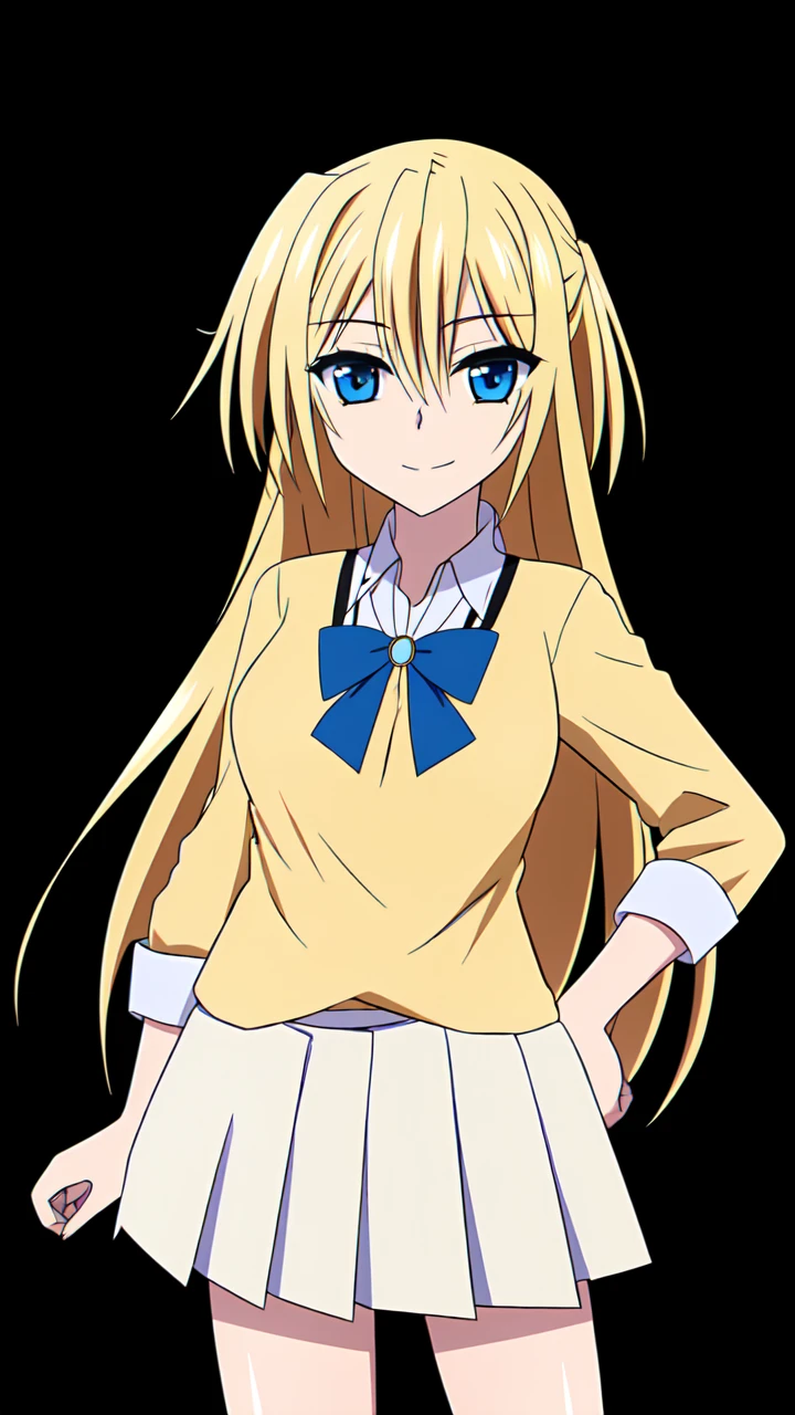 masterpiece, best quality,
 <lora:heronever_astel.sd15.v1:1> astel,1girl,solo, blond hair, long hair, blue eyes
school uniform white collared shirt yellow sweater break white skirt plaid skirt pleated skirt smile happy half closed eyes
standing,
(simple background, black background),