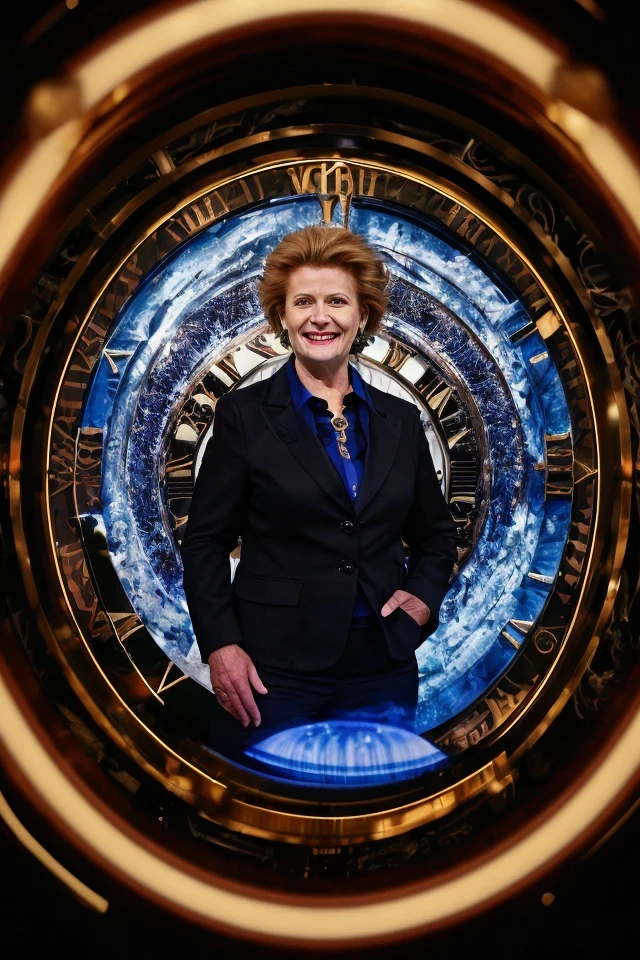 debbie stabenow <lora:senate_043_debbie_stabenow:0.65> , face closeup, face focus, shirt, formal, suit, collared shirt, white shirt, jacket,
Dressed in a steampunk outfit,large clock or time machine device, set against a backdrop of a swirling vortex,
best quality, masterpiece, HDR, professional, studio quality, highres,