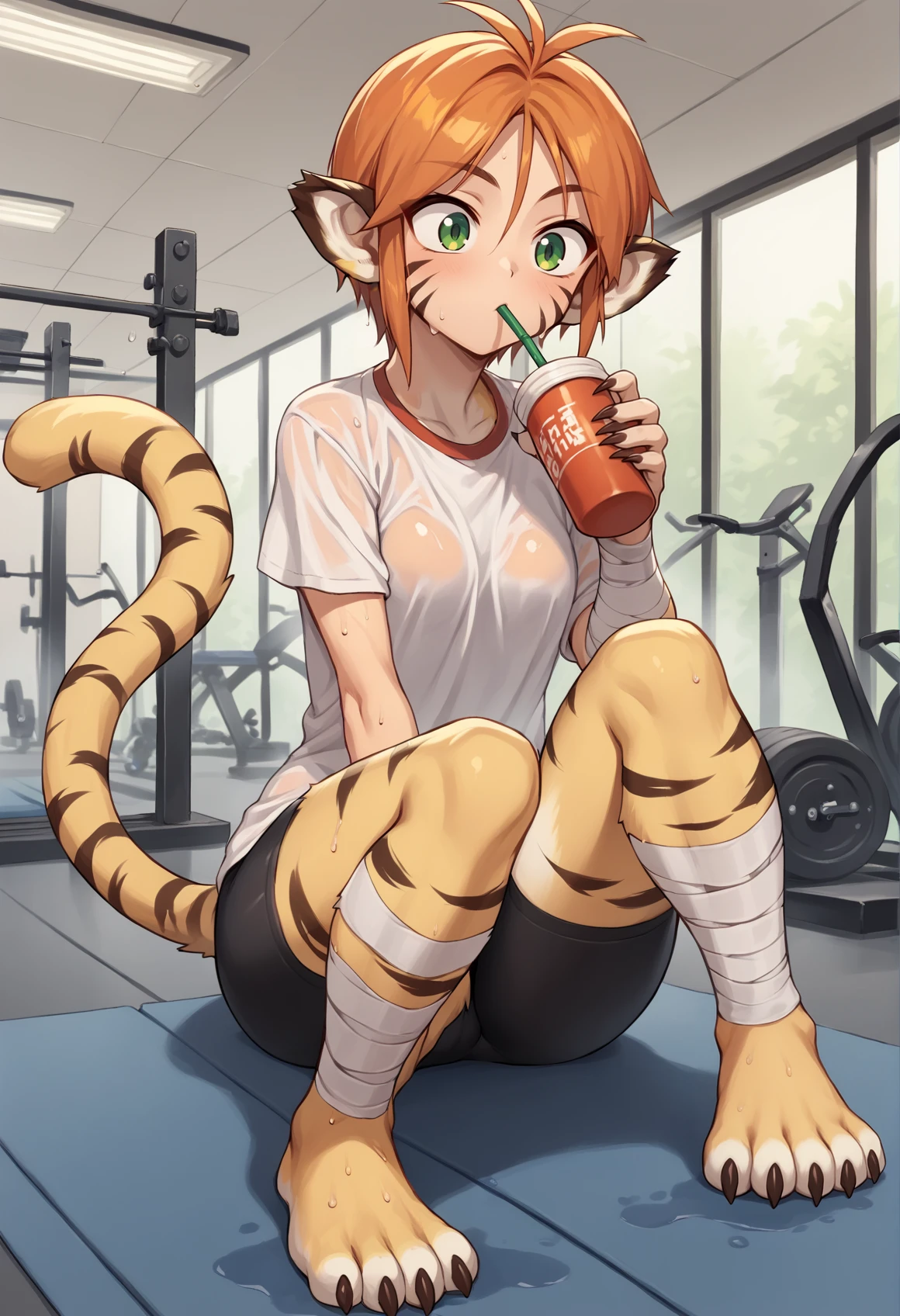 1girl, furry female, furry, short hair, orange hair, green eyes, animal ears, pointy ears, facial mark, sharp fingernails, sharp toenails, no pants, tiger tail, bandages, t-shirt, bike shorts, skin dentation, swear, towel, drinking, indoors, gym, wet clothes  <lora:katt_xl:1>, score_9, score_8_up, score_7_up, score_6_up, score_5_up, score_4_up, BREAK source_anime, masterpiece