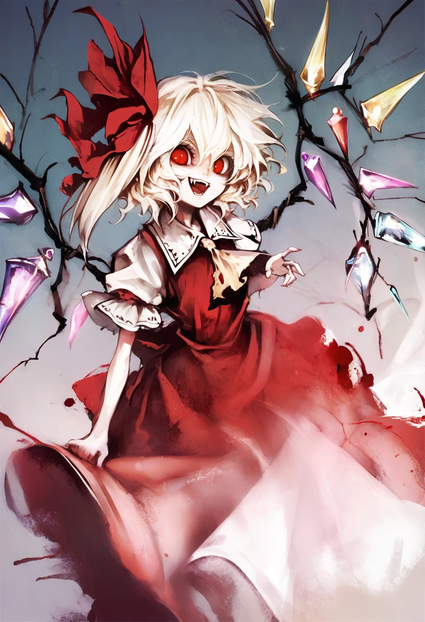 score_9, score_8_up, score_7_up, score_6_up, <lora:banpaiakiraXL_P6_lokr_V4236:0.95> 1girl, flandre scarlet, solo, wings, red eyes, dress, laevatein \(touhou\), open mouth, blonde hair, red dress, no headwear, smile, side ponytail, ascot, ribbon, short hair, alternate costume, fangs, white hair, blood, alternate wings, hair ribbon