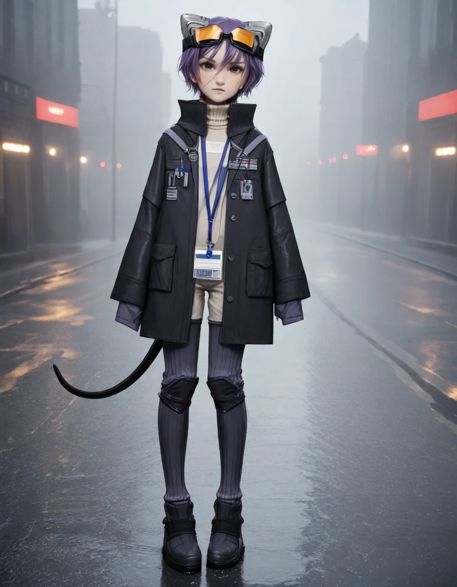 score_9, score_8_up, score_7_up, score_6_up, raw photo,, source_realistic, textured skin, skin pores,<lora:jeanfaymas-pxl:1>, jeanfaymas, standing in the rain, 1girl, animal ears, solo, full body, looking at viewer, goggles, sleeves past wrists, short hair, tail, bangs, jacket, goggles on head, officialjets, long sleeves, hair between eyes, standing, blush, turtleneck, sleeves past fingers, id card, electric plug tail, coat, closed mouth, purple hair, lanyard, gloves, bodysuit,