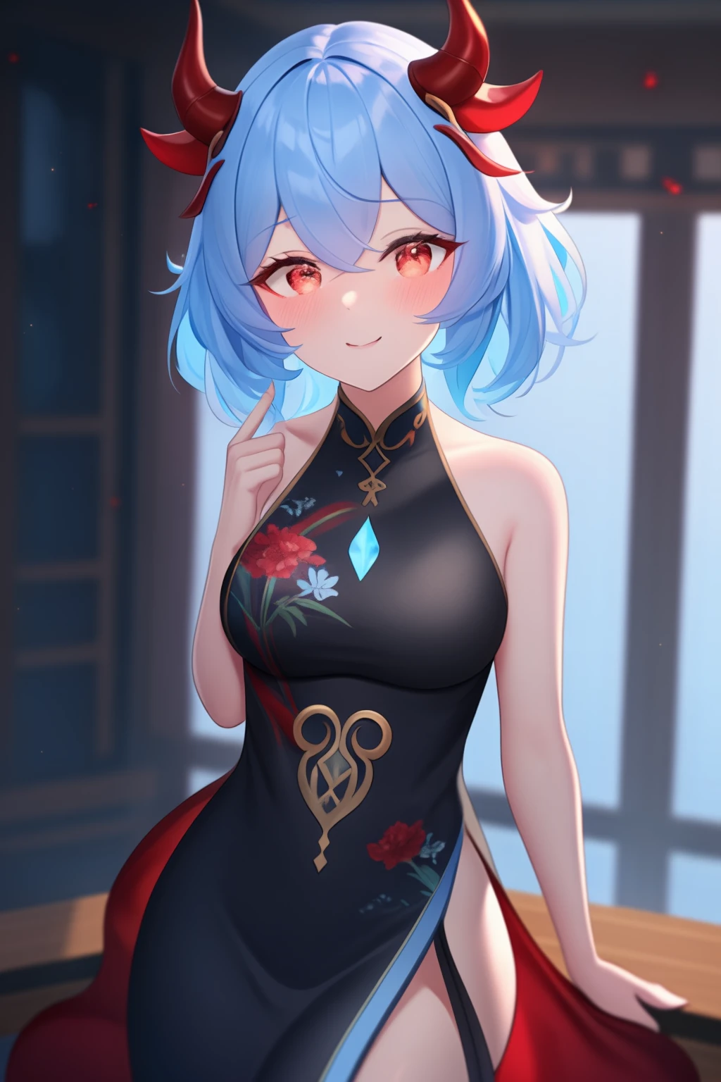 1girl, sigewinne \(genshin impact\), solo, low twintails, animal ears, china dress, highleg, lace-trimmed legwear, cowboy shot, bar \(place\), indoors, depth of field, pout, taut dress, v arms, looking at viewer, embarrassed, blush, flying sweatdrops