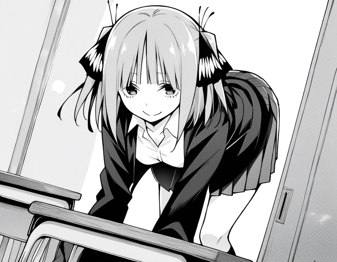 score_9, score_8_up, score_7_up, source_anime,
ninonakano, <lora:nino-nakano-manga-ponyxl-lora-nochekaiser:1>,
nino nakano, short hair, bangs, hair ornament, hair ribbon, blunt bangs, two side up, butterfly hair ornament, monochrome, greyscale,
skirt, shirt, long sleeves, white shirt, pleated skirt, open clothes, collared shirt, sleeves past wrists, dress shirt, cardigan, open cardigan, black cardigan,
indoors, classroom, bent over, smile,
looking at viewer, cowboy shot, dutch angle, solo, mature female,