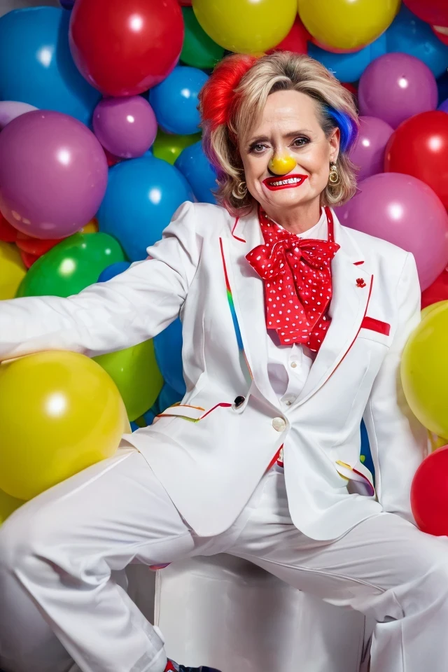 cindy hyde-smith <lora:senate_048_cindy_hyde-smith:0.65> , face closeup, face focus, shirt, formal, suit, collared shirt, white shirt, jacket,
Dressed in full clown regalia, with a red nose, oversized shoes, and rainbow suspenders, juggling several large balls,
best quality, masterpiece, HDR, professional, studio quality, highres,