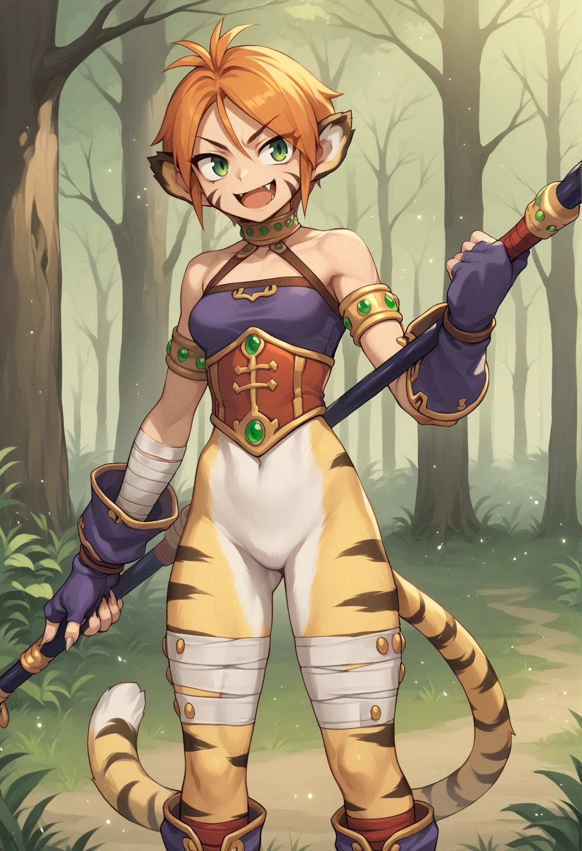 1girl, furry female, furry, short hair, orange hair, green eyes, animal ears, pointy ears, facial mark, sharp fingernails, sharp toenails, no pants, tiger tail, bandages, neck ring, armlet, bustier, gloves, fingerless gloves, toeless footwear, holding staff, cowboy shot, smile, smug, fang, outdoors, forest, dynamic pose <lora:katt_xl:1>, score_9, score_8_up, score_7_up, score_6_up, score_5_up, score_4_up, BREAK source_anime, masterpiece