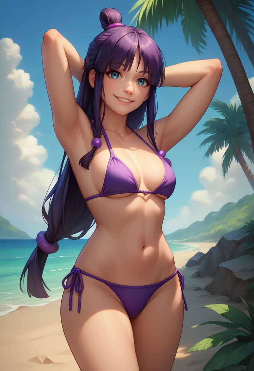 score_9, score_8_up, score_7_up, solo, 1girl, sojmaya, smile, looking at viewer, standing, arm behind head, half updo, hair ornament, purple bikini, side-tie bikini bottom, outdoors, beach <lora:aa_soj_mayafey_ponyXL:1>