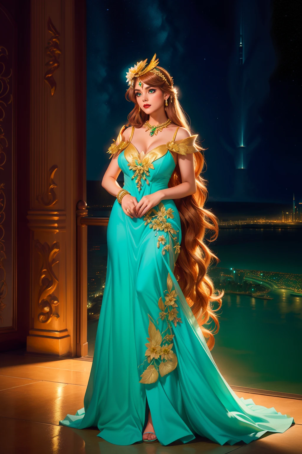 beautiful adult woman, <lora:FA-44:0.75>,headpiece fascinator, Mythra \(xenoblade\), Bright blonde long hair, chest jewel, (white and gold) dress, glowing green trim accents eyeliner, eyeshadow, makeup, red lips (brown hair) __hairstyle__ portrait, cleavage, high quality, best quality, high detail, 8k resolution,  hair flower Dubai, Burj Khalifa, Twilight City Lights,  <lora:Style_inzaniak-Technicolor:0.2>  <lora:Tweak_EpiNoiseoffset-v2:1>, dark, moody, ((rim lighting, chiaroscuro)) full body,