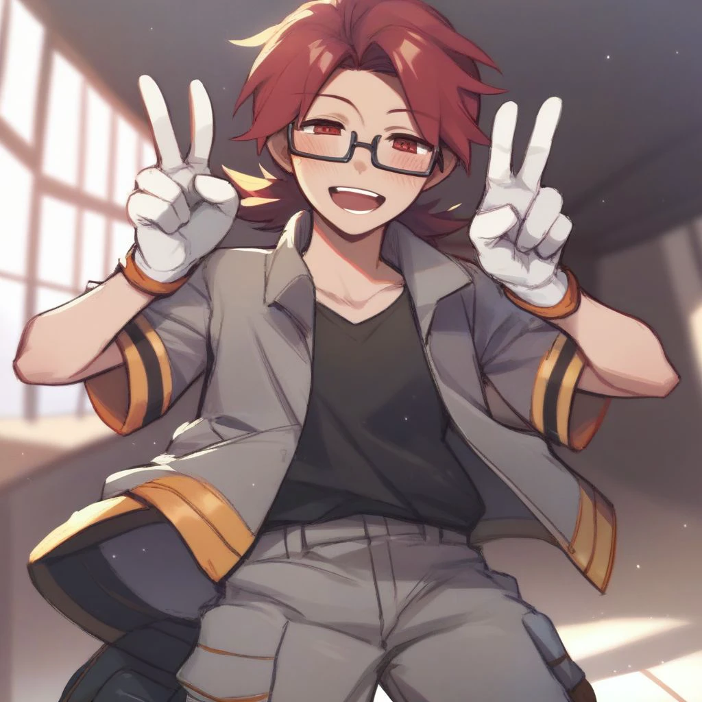 score_9,score_8_up,score_7_up,score_6_up,score_5_up,score_4_up, 1boy, red hair, red eyes, medium hair, glasses, grey jacket, black shirt, sleeveless, grey pants, white gloves, black footwear, boots, v ,double v, smile, open mouth, blush, half-closed eyes, indoors