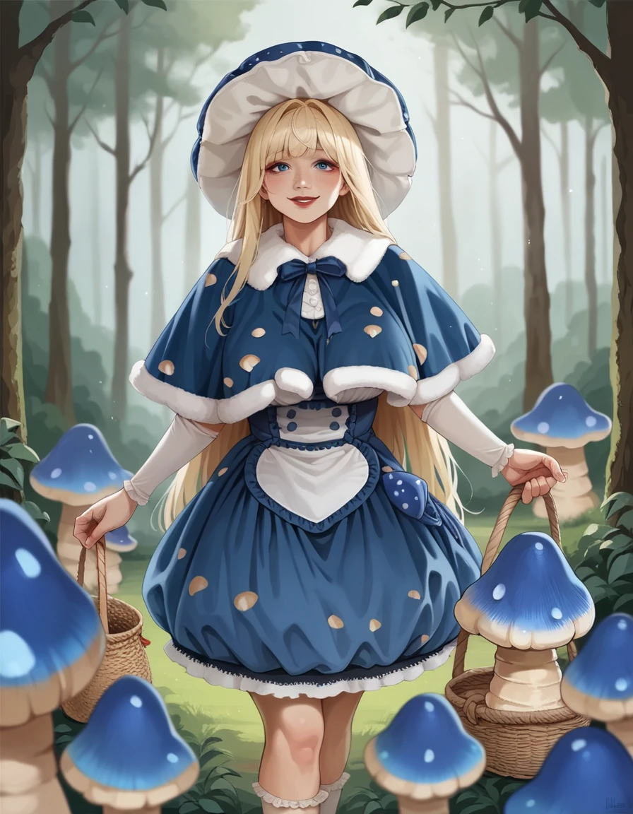 score_9, score_8_up, score_7_up, score_6_up, best quality, anime, 1girl, curvy, pale skin, long blonde hair, bangs, blue eyes,  large breasts, red lipstick,, hud_mshrm_drss, blue mushroom hat, blue dress, brown spots, pom pom (clothes), blue and white fur-trimmed capelet, mushrooms, <lora:mushroom_dress:0.8>, standing, forest, front view, light smile, holding