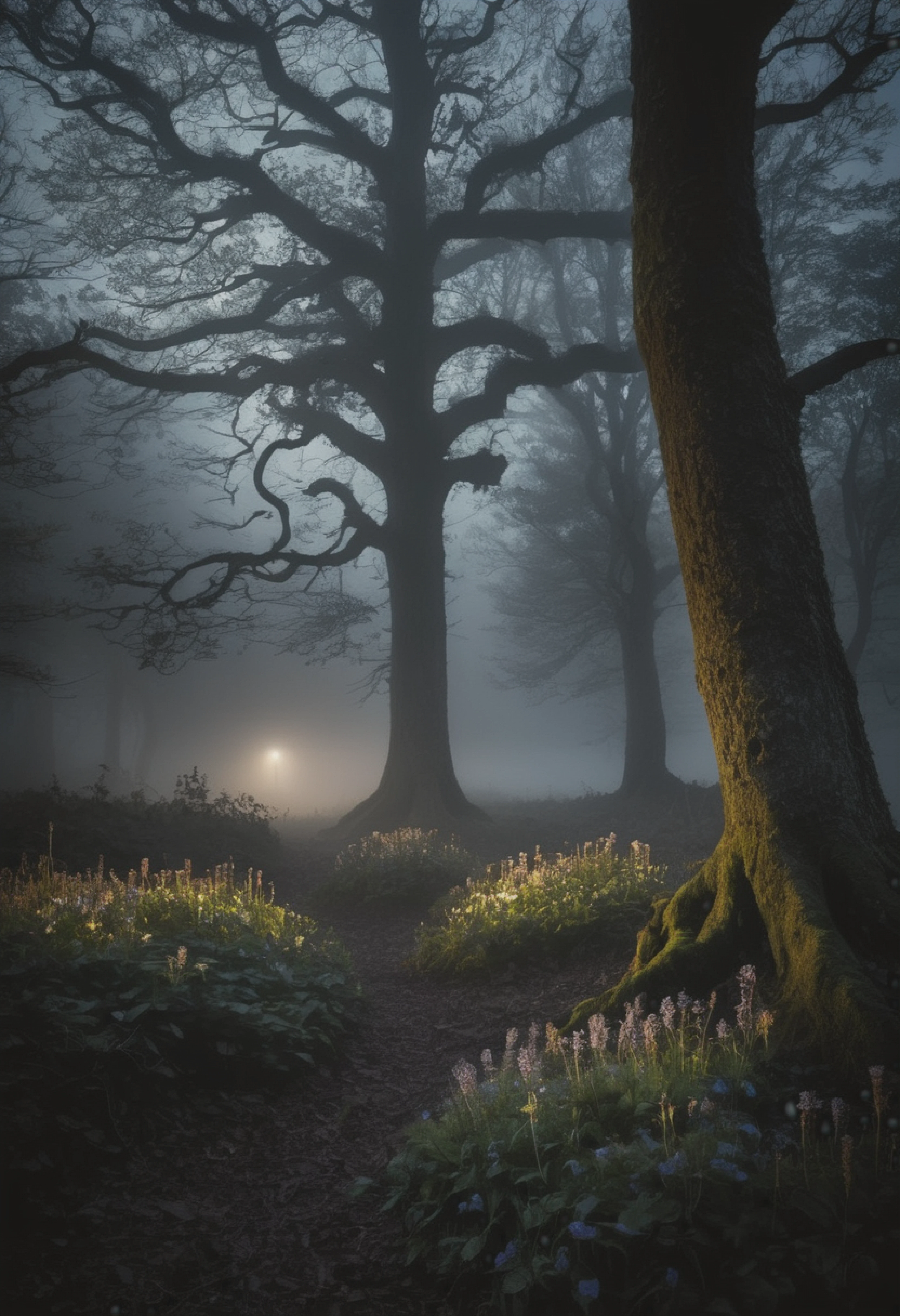 (Dark shadows, cinematic:1.3) A moody woodland scene at twilight, with deep shadows cast by ancient trees and creeping mist adding an eerie atmosphere, while a single wildflower emerges from the darkness, a beacon of hope in the gloom.