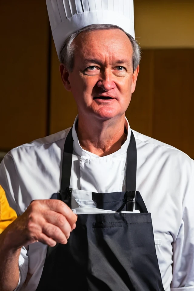 mike crapo <lora:senate_023_mike_crapo:0.65> , face closeup, face focus, shirt, formal, suit, collared shirt, white shirt, jacket,
wearing a chef hat and apron, with a kitchen in the background,
best quality, masterpiece, HDR, professional, studio quality, highres,